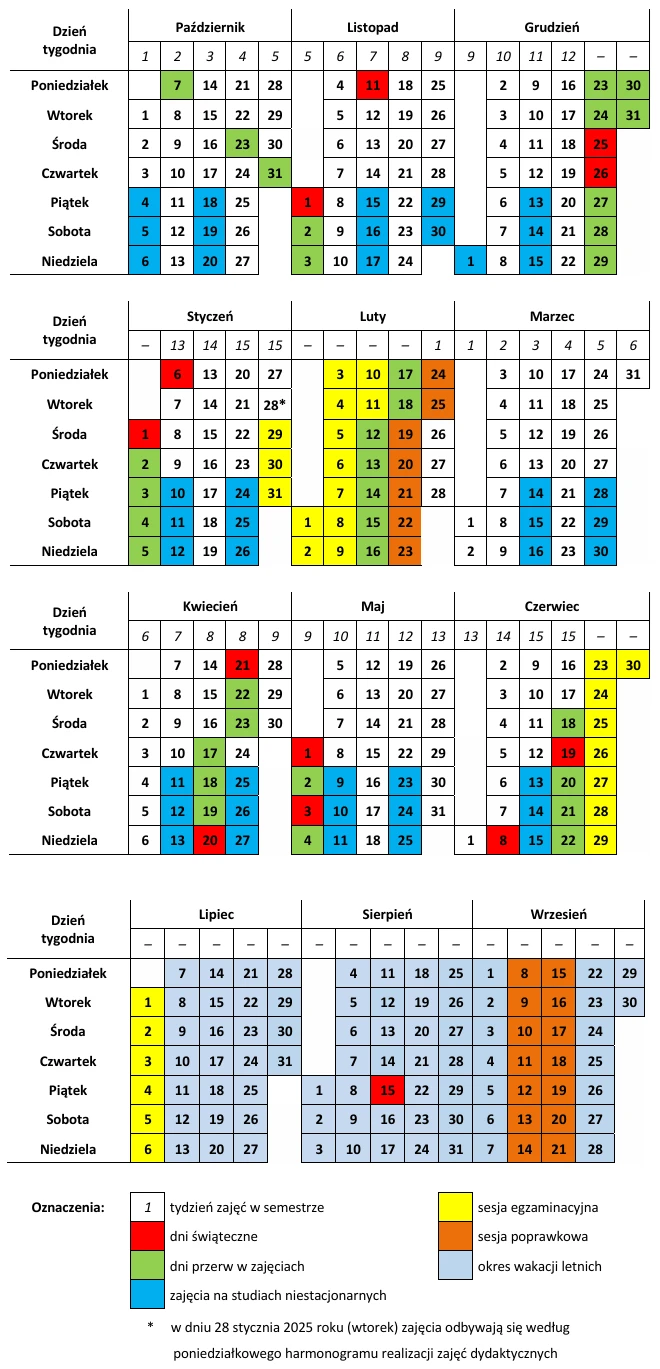 Kalendarz z organizacją roku akademickiego 2024/25