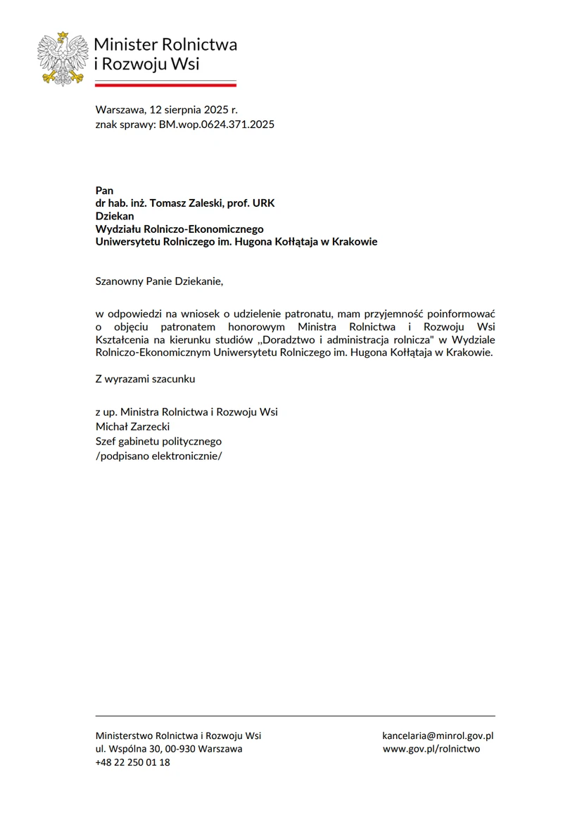 Zdjęcie pisma od Ministra Rolnictwa i Rozwoju Wsi, w którym w odpowiedzi na wniosek Dziekana Tomasza Zaleskiego, obejmuje patronatem kierunek "Doradztwo i administracja rolnicza"