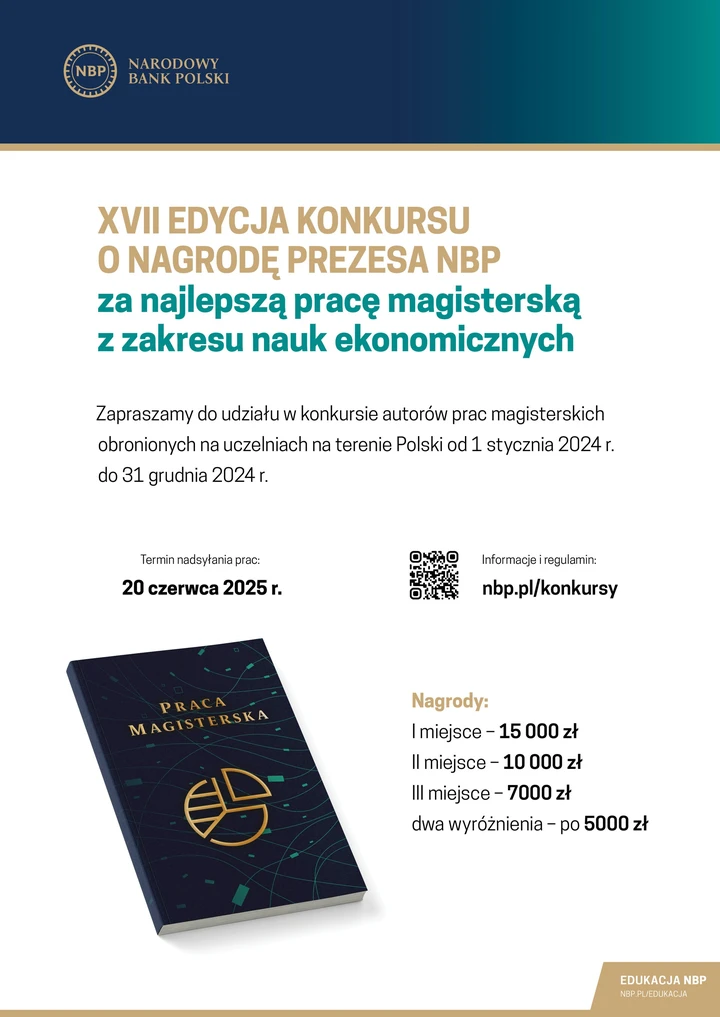 Plakat IX edycji Konkursu o nagrodę prezesa NBP za najlepszą pracę magisterską z zakresu nauk ekonomicznych