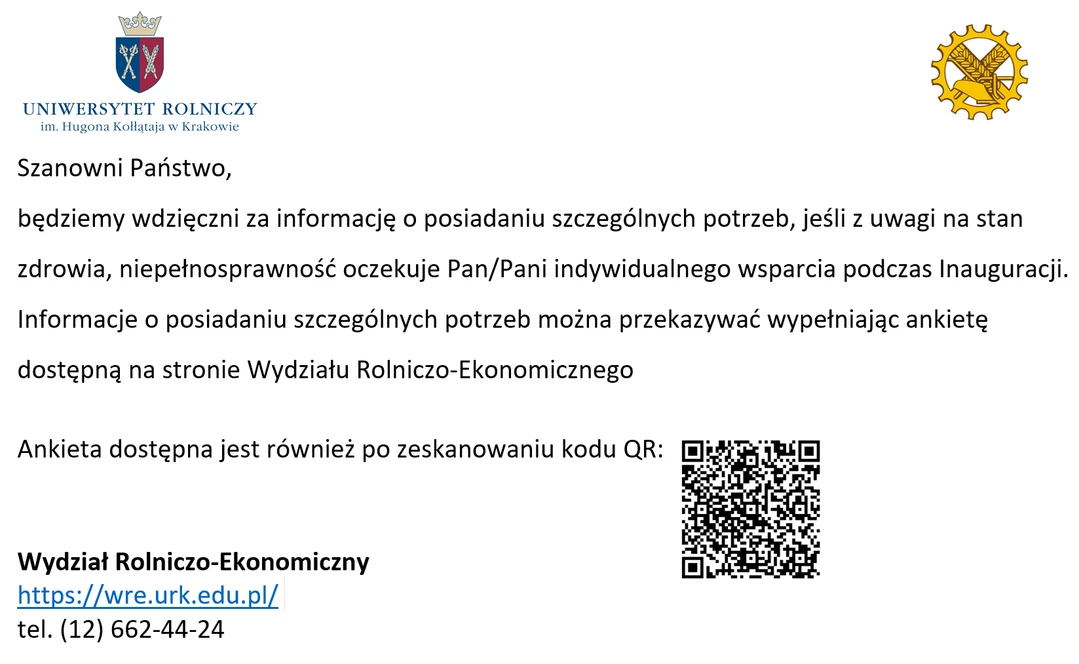 Jeśli posiadają Państwo szczególne potrzeby i z uwagi na stan zdrowia lub niepełnosprawność oczekuje Pan/Pani indywidualnego wsparcia podczas Inauguracji prosimy wypełnić ankietę dostępną na stronie WRE lub po zeskanowaniu kodu QR poniżej.