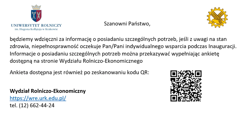 Ogłoszenie z kodem QR do zgłaszania potrzeb związanych z niepełnosprawnościami