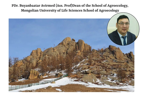 Zdjęcie przedstawiające górę w Mongolii i zdjęcie PDr. Buyanbaatar'a Avirmed'a (Ass. Prof) w rogu